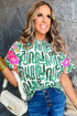 Embroidered Puff Sleeve Frilled Neck Printed Top